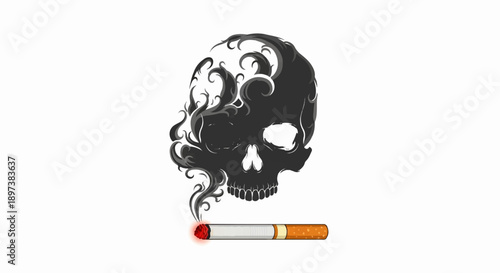 Stylized dark smoke skull rising from a lit cigarette on a white background, representing health danger