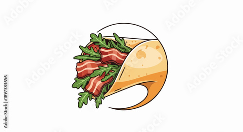 Vibrant illustration of a wrap filled with bacon and arugula leaves, presented within a dynamic circular frame