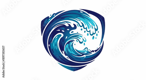 Dynamic blue ocean wave illustration, cresting and splashing, contained within a shield shape. Graphic art