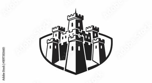 Stylized black and white graphic of a fortified castle with multiple towers, enclosed within a shield