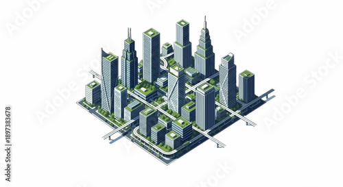 Isometric pixel art city with modern skyscrapers, green rooftops, urban roads, and elevated transport