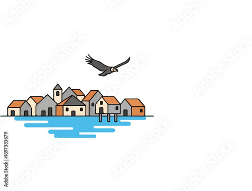 An illustrated village of houses on water with a flying bird against a white background