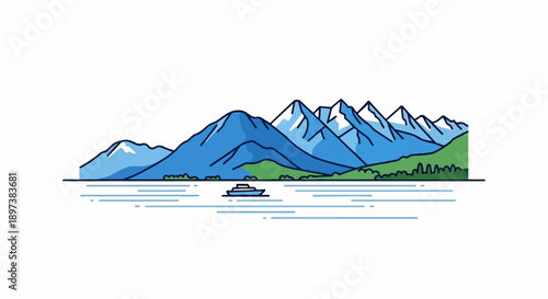 Minimalist illustration of a boat on a calm lake, surrounded by towering blue mountains and green shoreline