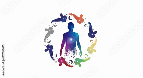 Human silhouette with galaxy core, surrounded by colorful abstract shapes, stars, and moons on white