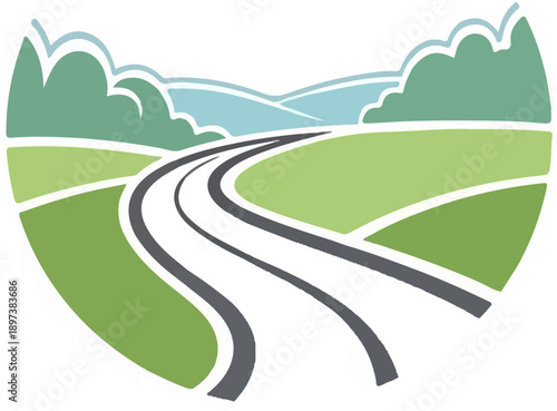 Stylized illustration of a winding road through a verdant landscape with hills under a blue sky