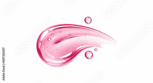 Vibrant pink, glossy, translucent fluid swirl with small bubbles, isolated on a clean white background