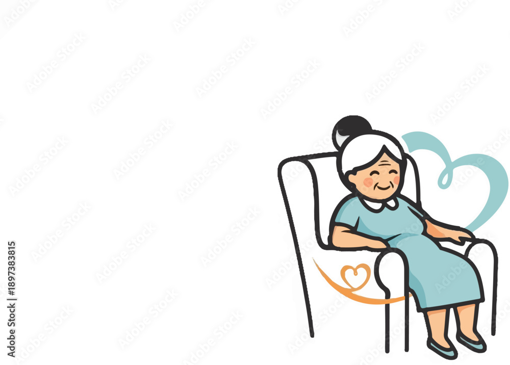 Obraz premium An illustration of a happy elderly woman with white hair, sitting relaxed in an armchair with heart symbols