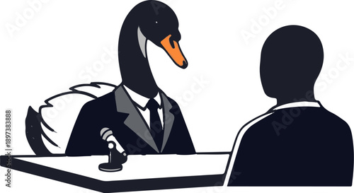 An anthropomorphic black swan in a suit being interviewed by an unseen person at a desk