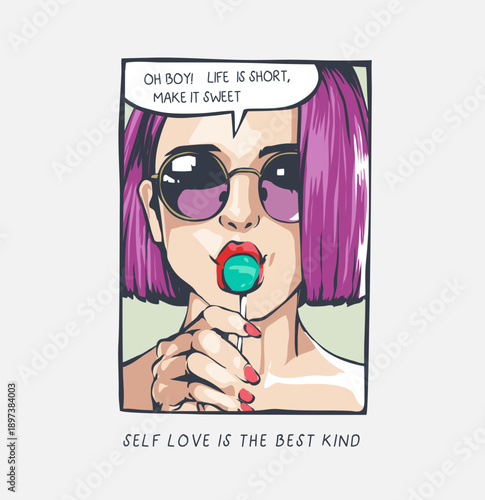 a girl with lollypop pop art style vector illustration created by hand drawn  