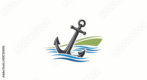 Stylized black anchor in blue wavy water with a green hilly landscape background, isolated on white