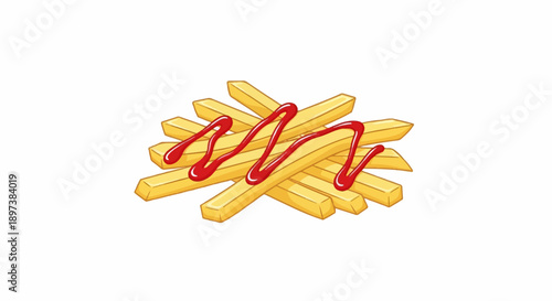 Cartoon illustration of golden french fries piled up, topped with red ketchup drizzle on a white background