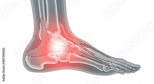 Illustration of human foot and ankle anatomy with bones and tendons, highlighting painful or inflamed areas in red