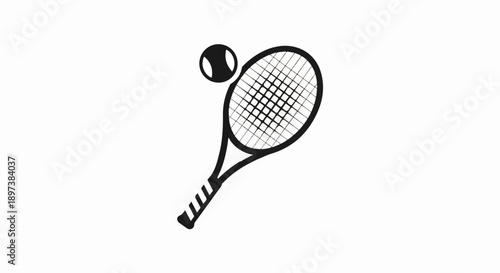 Simple black outline illustration of a tennis racket and a tennis ball on a clean white background