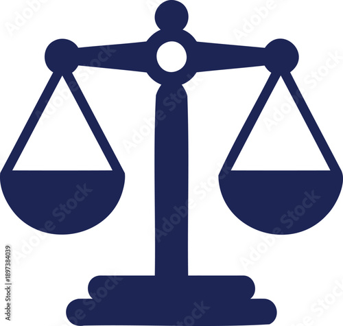 Navy blue balance scales on white background justice