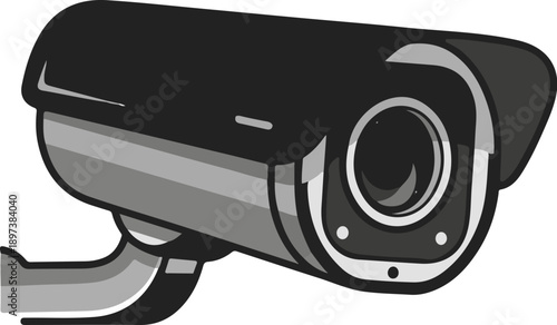 Monochrome illustration of a security camera, capturing surveillance and protection