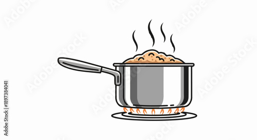 An illustration of a silver saucepan cooking food on a gas burner with steam rising, on a white background