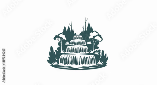 Stylized illustration of a tiered waterfall amidst lush foliage, various trees, and a pool in nature