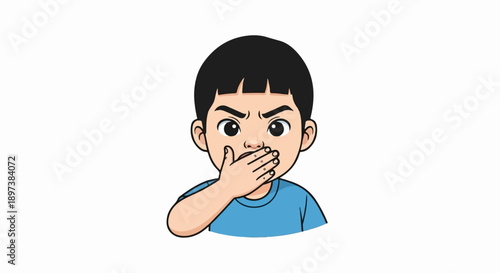 Cartoon illustration of a young boy covering his mouth with his hand, showing a shocked or surprised expression