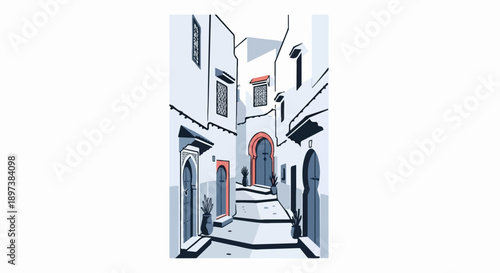 Stylized illustration of a narrow street with arched doorways, traditional buildings, and potted plants