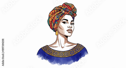 Striking portrait of a woman with a vibrant patterned headwrap and blue top, exuding confidence