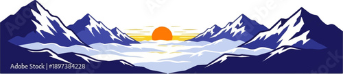 Stylized vector illustration of snow-capped blue mountains with clouds and a vibrant orange sun