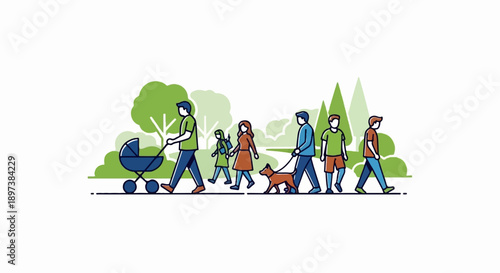An illustration of diverse people, including families with a stroller and a dog, walking in a park