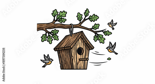 Cartoon illustration of a wooden birdhouse hanging from a tree branch with three small birds flying