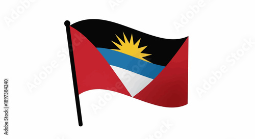 Waving national flag with red sides, black top, blue and white stripes, and a yellow rising sun
