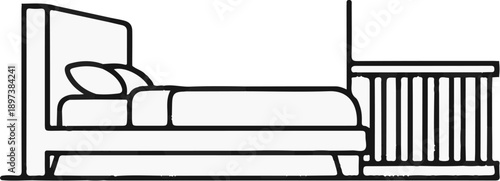 Outline illustration depicting a bed with a headboard, pillows, and bedding alongside a baby crib