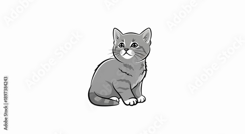 An adorable cartoon kitten with grey fur and subtle stripes sits looking up with large, expressive eyes