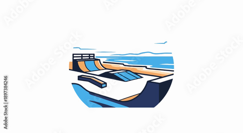 Stylized illustration of a vibrant skatepark next to an ocean beach under a clear sky