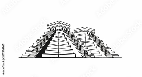 Black and white line art illustration of two ancient Mayan-style pyramids with people climbing their steps