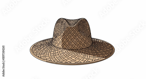 Vector illustration of a traditional woven straw hat with a wide brim and a distinctive creased crown