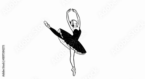 Black and white line art illustration of a graceful ballerina performing an arabesque in a tutu