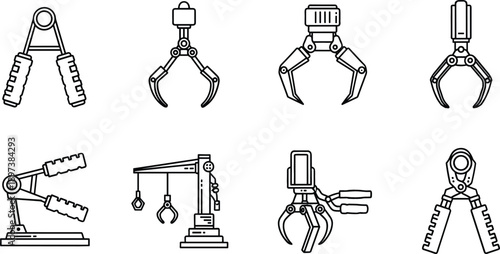 Vector icon set of mechanical robotic grippers industrial crane claws and hand grip strengthener tools for engineering