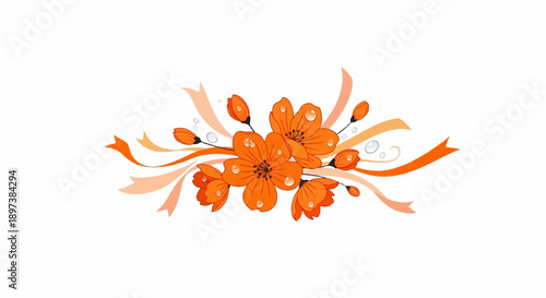 Vibrant orange flowers with buds and glistening water droplets, framed by elegant flowing ribbons on white