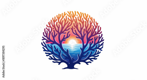 Stylized coral or tree graphic forming a circle around a colorful sunset over calm ocean waters