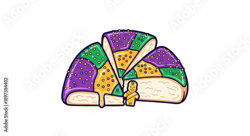 Vibrant colorful king cake slices with sprinkles and a small baby figurine, isolated on white