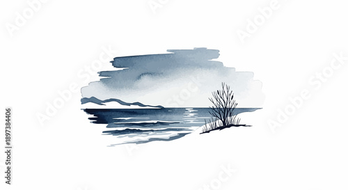 Serene watercolor landscape of a lake, distant mountains, cloudy sky, and a shrub on a peaceful shore