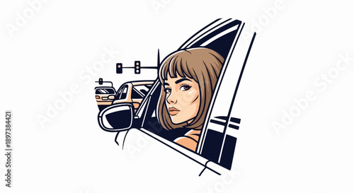 Stylized illustration of a woman with bangs looking intently from a car window at city traffic lights