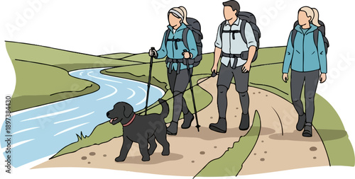 Three people with backpacks and a dog hiking along a winding river path through green hills