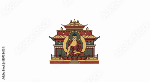 Illustration of a serene Buddha meditating in front of a traditional, multi-tiered temple building