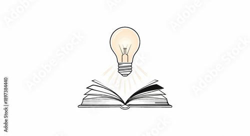 An open book with pages fanned out, illuminated by a glowing lightbulb suspended above it