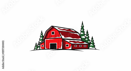 Illustration of a charming red barn nestled among snow-covered pine trees in a wintry landscape