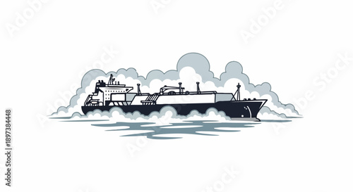 Monochrome illustration of a large cargo vessel navigating stylized clouds and calm waters, transportation concept