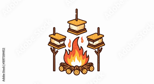 An illustration of a crackling campfire surrounded by three s'mores on sticks, ready for roasting