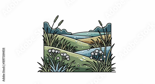 Stylized digital illustration of rolling hills, meandering streams, lush tall grass, and white wildflowers under a cloudy sky