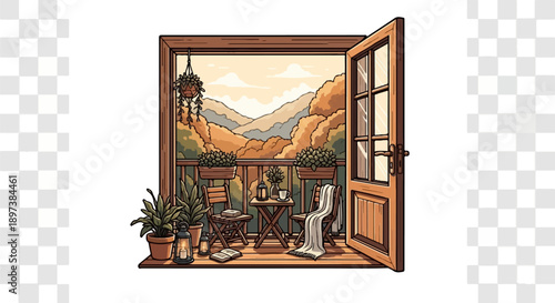 Cozy balcony overlooking autumn mountains, with potted plants, table, chairs, and books. Peaceful scene