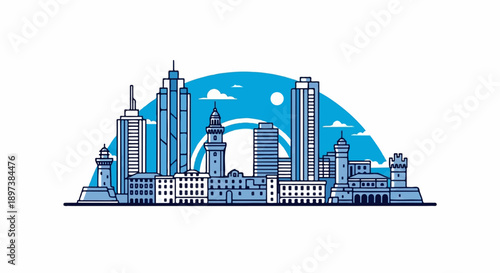 An illustrative city skyline featuring diverse buildings, modern skyscrapers, and historic towers under a blue sky