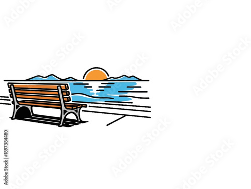 Simple vector illustration of a park bench on a promenade, overlooking a serene lake with mountains and a sunset